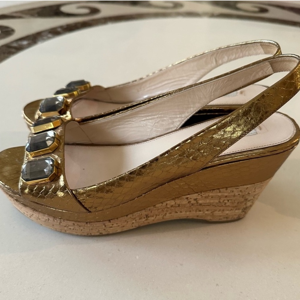[PRADA] Gold Slingback Wedge Sandals - Picture 9 of 13